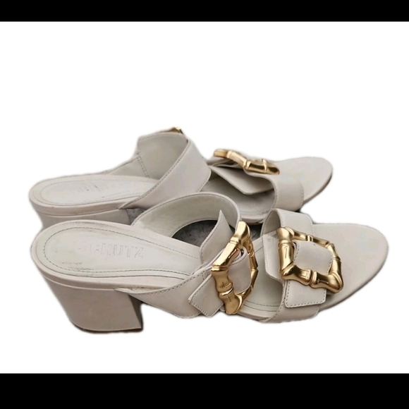Schutz Womens Ivory Enola Mid Block Sandal With Gold Buckle 10 - Picture 4 of 14